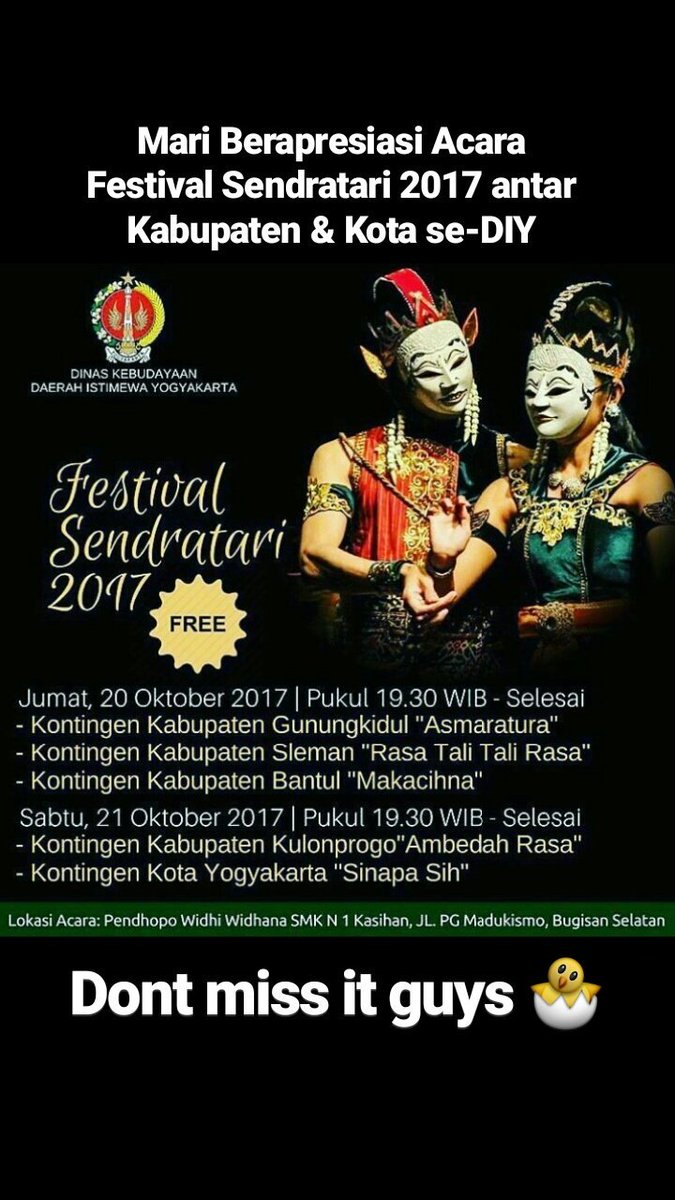 RikaCieph's tweet photo. Mari berapresiasi Acara Festival Sendratari 2017 antar Kabupaten &amp; Kota Yogyakarta se-DIY. Bismillah Kabupaten Sleman #Sembada #ALE 💚🙏😇💃 https://t.co/Yi2jyMGn6G