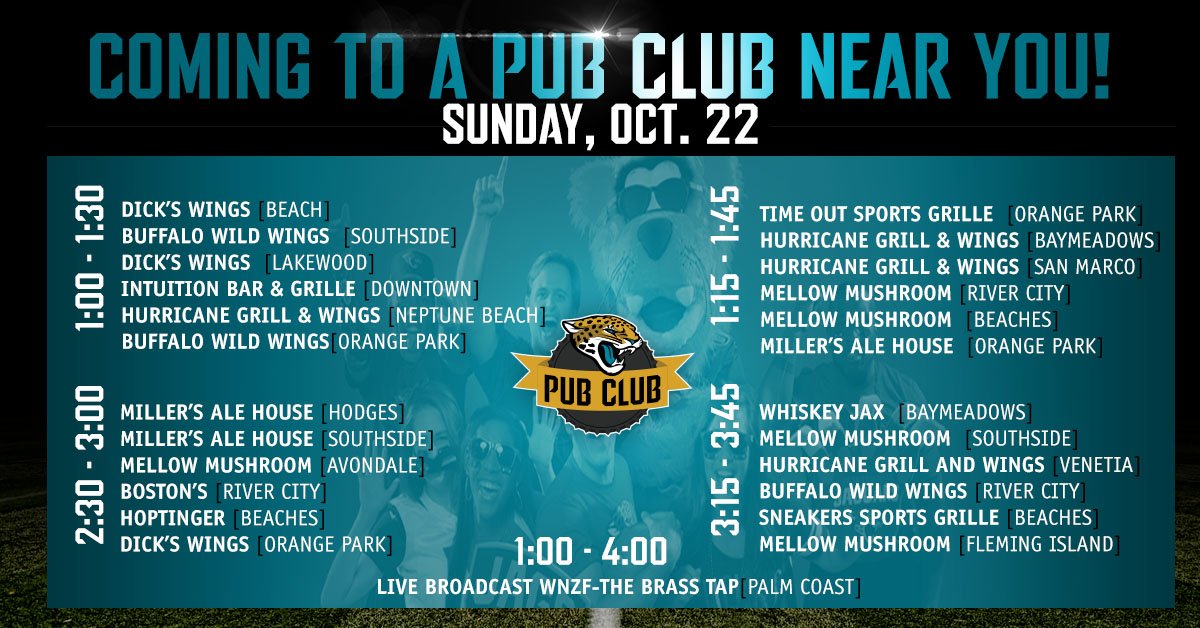 Watch the game with the #JAXPack tomorrow as they visit the following #JagsPubClub locations. https://t.co/ipQnSJKtRl