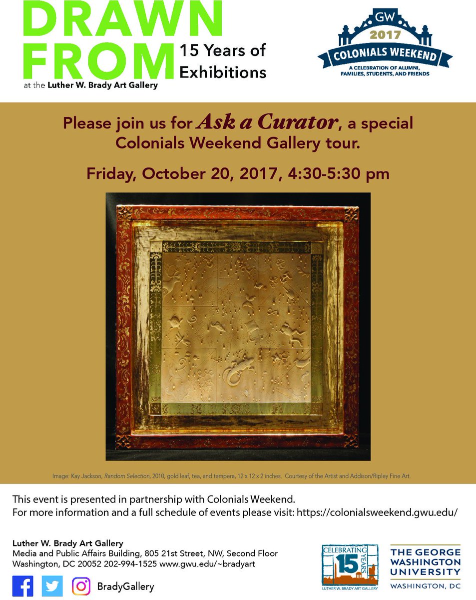 BradyGallery's tweet photo. Tomorrow join us for a special #GWCW17 tour of our current exhibition #DrawnFrom. 4:30 pm at the Brady Art Gallery #GWAlumni #ArtsatGW #GWU https://t.co/5v3HaL040i