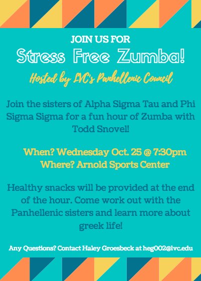 lvcpanhellenic's tweet photo. Come join our Greek girls for some Zumba fun!! https://t.co/v25eWOdJjj