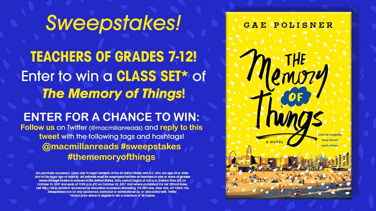 macmillanreads's tweet photo. 🚨SWEEPSTAKES🚨#Teachers of grades 7-12: for a chance to win a class set, follow us & reply w/ @macmillanreads #sweepstakes #thememoryofthings https://t.co/VVtlam3mcY