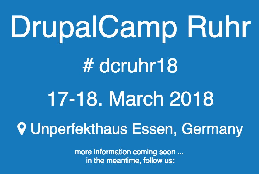 drupal's tweet photo. Next DrupalCamp Ruhr will be 17-18th March 2018 @Unperfekthaus. More info to follow - https://t.co/RkeZJdWTvN @drupalcampruhr #dcruhr18 https://t.co/PVACoxmut9