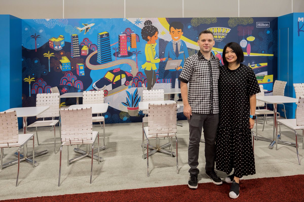 Husband-wife creative team <a href="/crumjay/">Jay Crum</a> &amp; <a href="/kongweetaro/">kong wee pang</a> designed this mural for #IMEX17! Their designs are also coming to <a href="/TrubyHilton/">Tru by Hilton</a> hotels 🎨