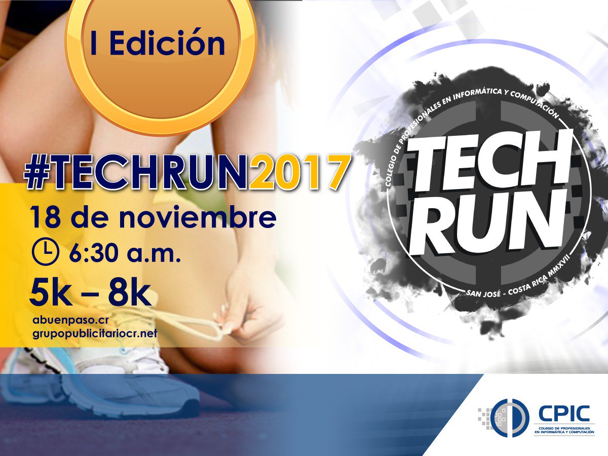 CPICCR's tweet photo. ¿Preparándose para participar en la I edición de #TECHRUN2017 ?
Corra la voz con sus amigos y familiares. https://t.co/pharrXFHKY