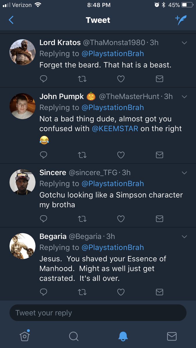 PlaystationBrah's tweet photo. I do a hot take on gaming: One like, two replies.
I shave my beard? 22 comments and counting.. πππ
Love you guys and gals. #itllbeback https://t.co/hn0PTtO14K