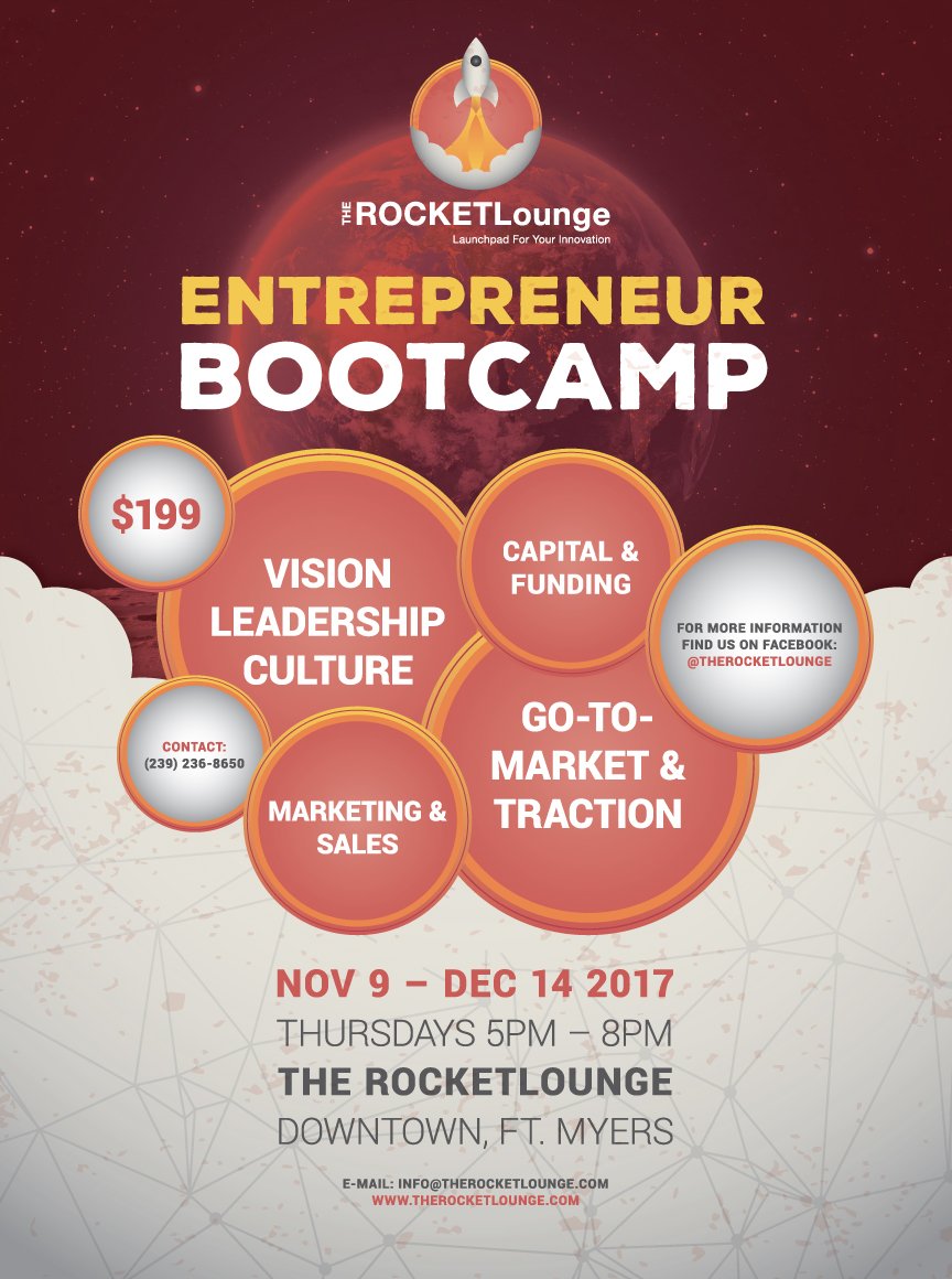 RocketLOUNGEFla's tweet photo. First SWFL Entrepreneur Bootcamp Hosted By The RocketLounge— Sign up today! https://t.co/TOWno6oKdV https://t.co/eEmnrBSeFl