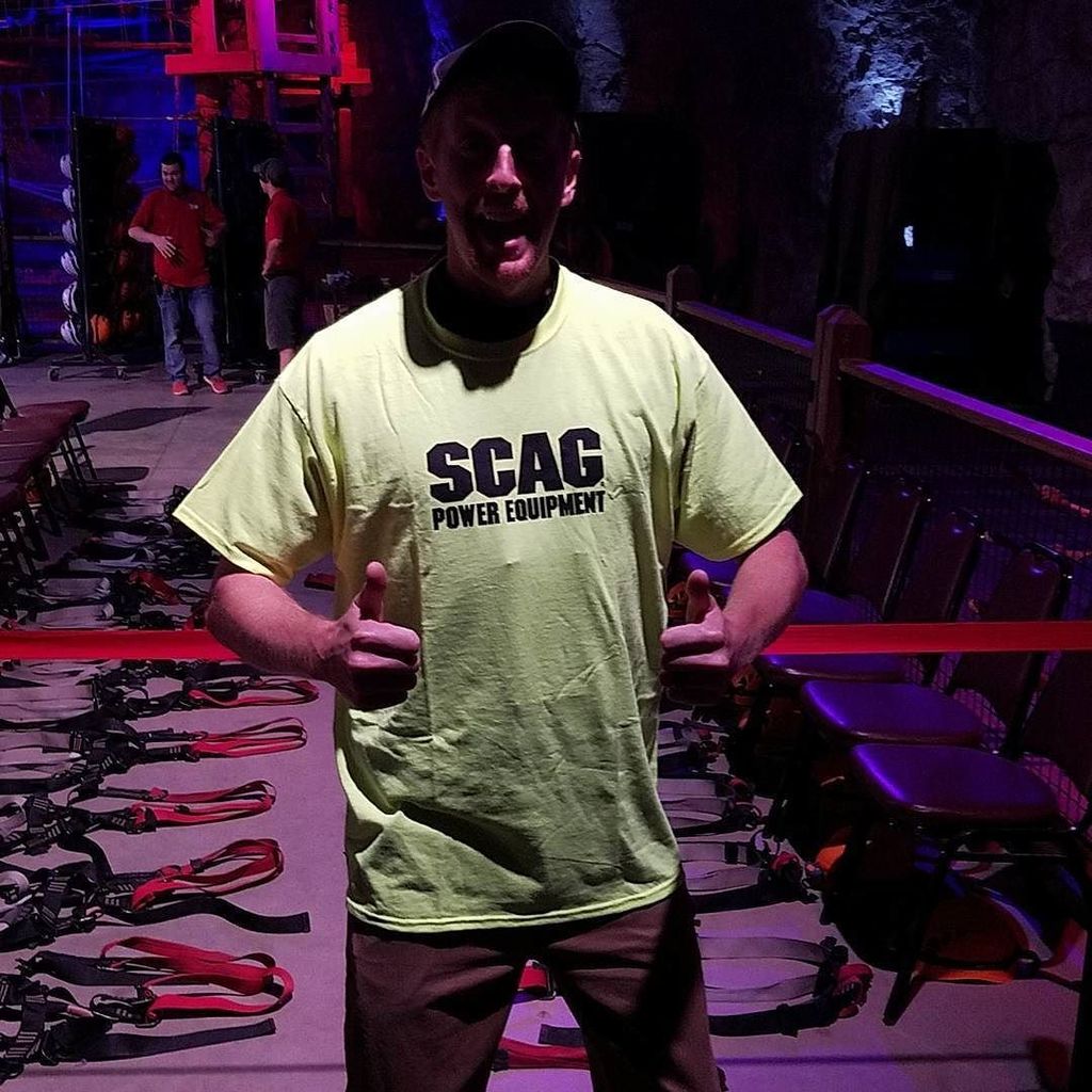 ScagPower's tweet photo. Find Parker at the #GIERALLY and ask him for the shirt off his back to claim this free #Scag #ScagMowers neon t-sh… https://t.co/Mi4uV1OBz9 https://t.co/Zl0yurntiW