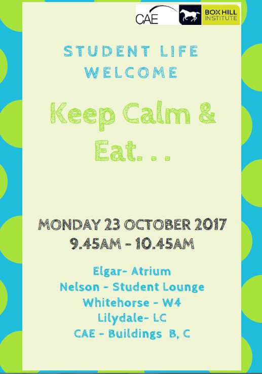 BHIStudentLife's tweet photo. #FreeFreeFree
Keep Calm &amp; Eat
Monday 23 October 9.45am - 10.45am
#BHIvsALL
@BoxHillTAFE @CAE_Melbourne #LilydaleLakeside https://t.co/FllUocgQ5f