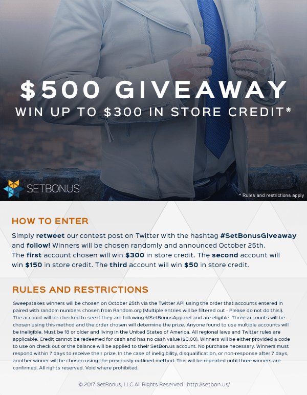 SetBonusApparel's tweet image. RT&amp;amp;Follow by Oct 25th for your chance to #win! $500 in credit in prizes. 3 winners! Rules attached.#SetBonusGiveaway #MensFashion #Gaming 🧥🎮