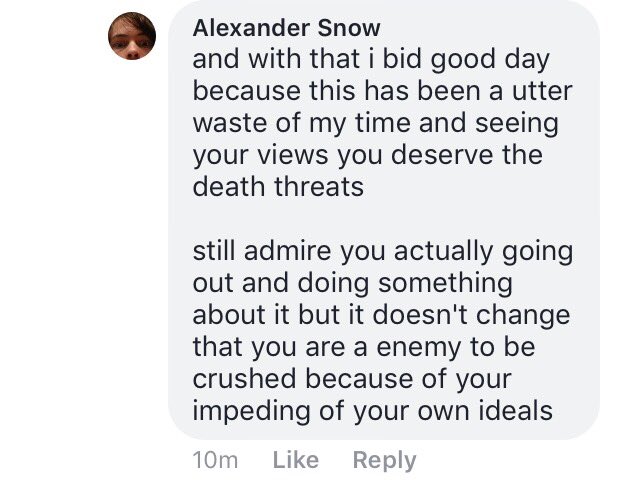 YourCutestEnemy's tweet image. Apparently I deserve death threats and to actually be murdered. Why? I said woman and men should be able to have separate safe spaces.