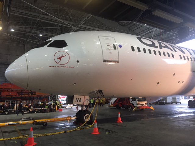 Icehouseband's tweet photo. Welcome home to the Great Southern Land in Qantas Hangar 96 in Sydney!  #greatsouthernland #QantasDreamliner https://t.co/h4mPlpuG6T