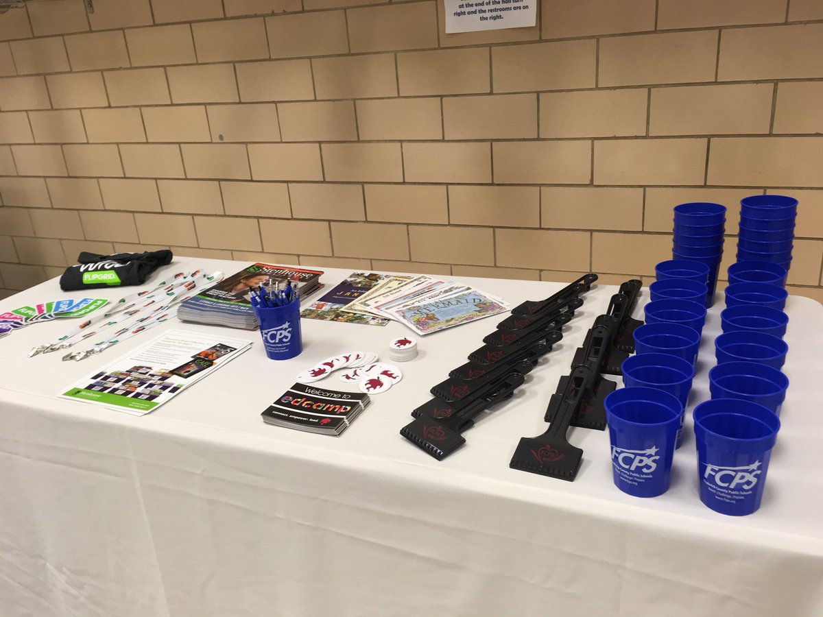 PYounkinsFCPS's tweet photo. #EdcampFCPS Setting up, getting ready for EdCamp tomorrow. Who will win all those raffle items? Wonderful sponsors! https://t.co/oKJIxuzxdm https://t.co/1QSpv9Dn7T