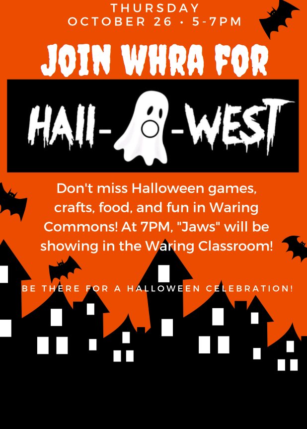 WHRA_PSU's tweet photo. HALL-O-WEST is coming to Waring Commons. Enjoy food, games, sweet treats, and more! At 7PM, "Jaws" will be playing in the Waring Classroom! https://t.co/AndOySTA2d