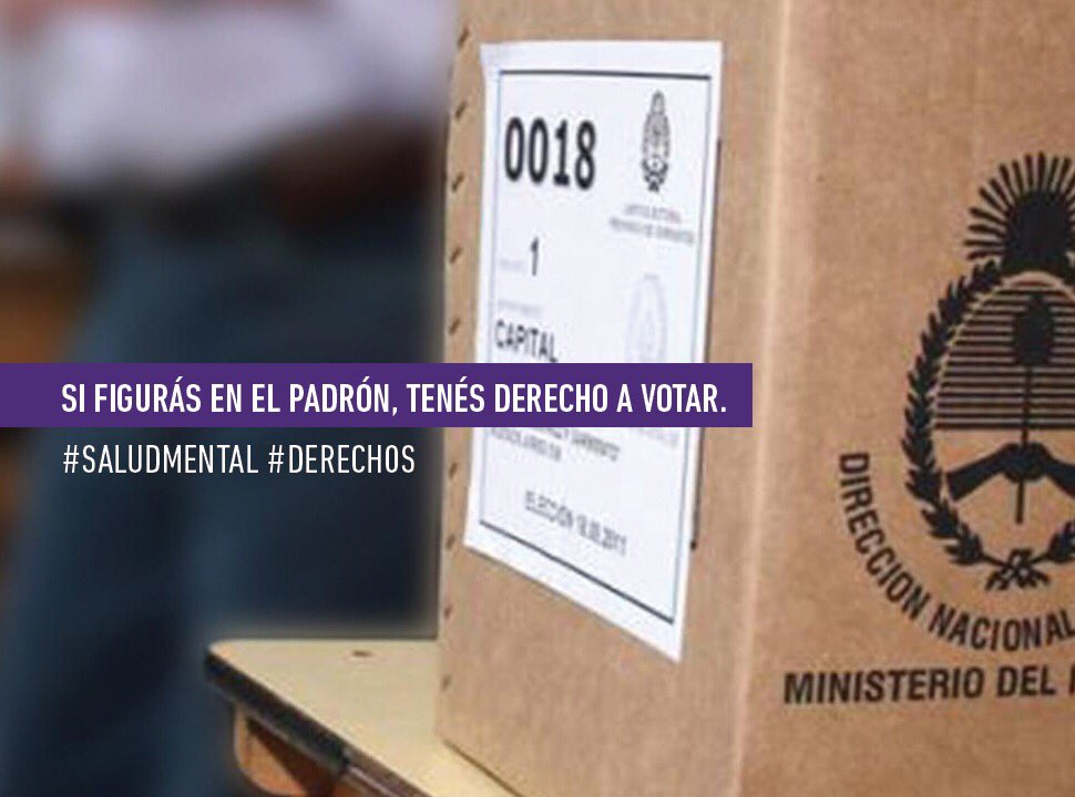 MPTutelar's tweet photo. La Ley Nacional N° 26.571 permite votar a las personas institucionalizadas, c/ excepción a las declaradas insanas en juicio. #SaludMental https://t.co/sD5NUiCrkx