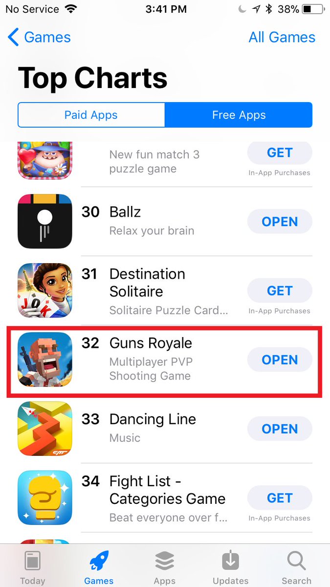 Game_Wizards's tweet photo. Guns Royale is currently the #32 free game on the US App Store! :D
#GunsRoyale https://t.co/DZl5Yy7avc