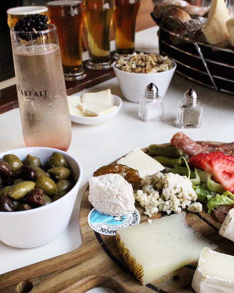 #HappyHour, Le Parfait-style! It’s about time to start heading in our direction ... #beer #wine #cheese #olives #freshbread #perfection