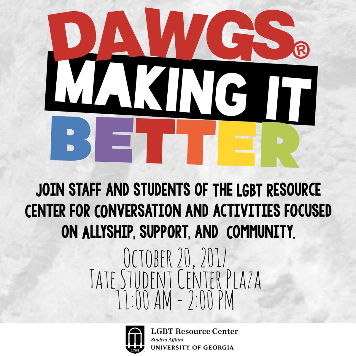 PrideCenterUGA's tweet photo. Meet us for conversations and activities centered on support, resource sharing, and community building for LGBT individuals and allies. https://t.co/HuNOaVkMNA
