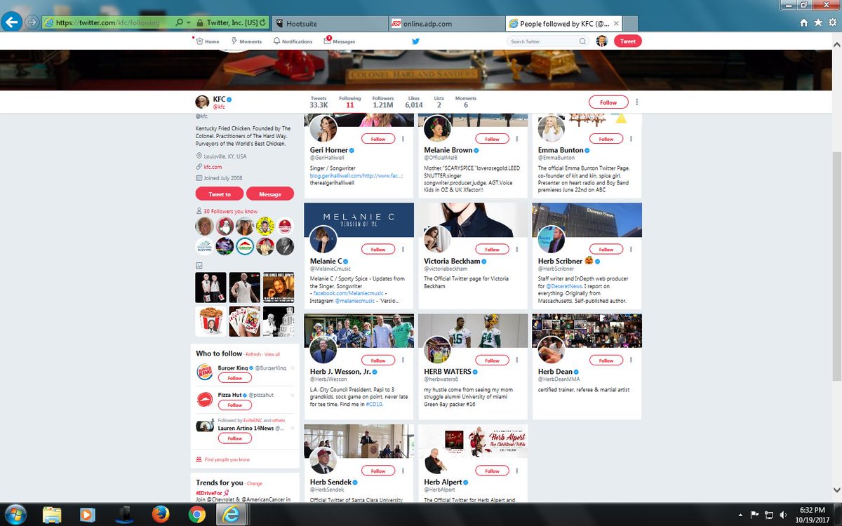 Wayne_C_Hart's tweet photo. Well played Colonel! @KFC follows only 11 people...the 5 Spice Girls &amp; 6 guys named Herb...11 herbs &amp; spices. https://t.co/yWfv71IQr4