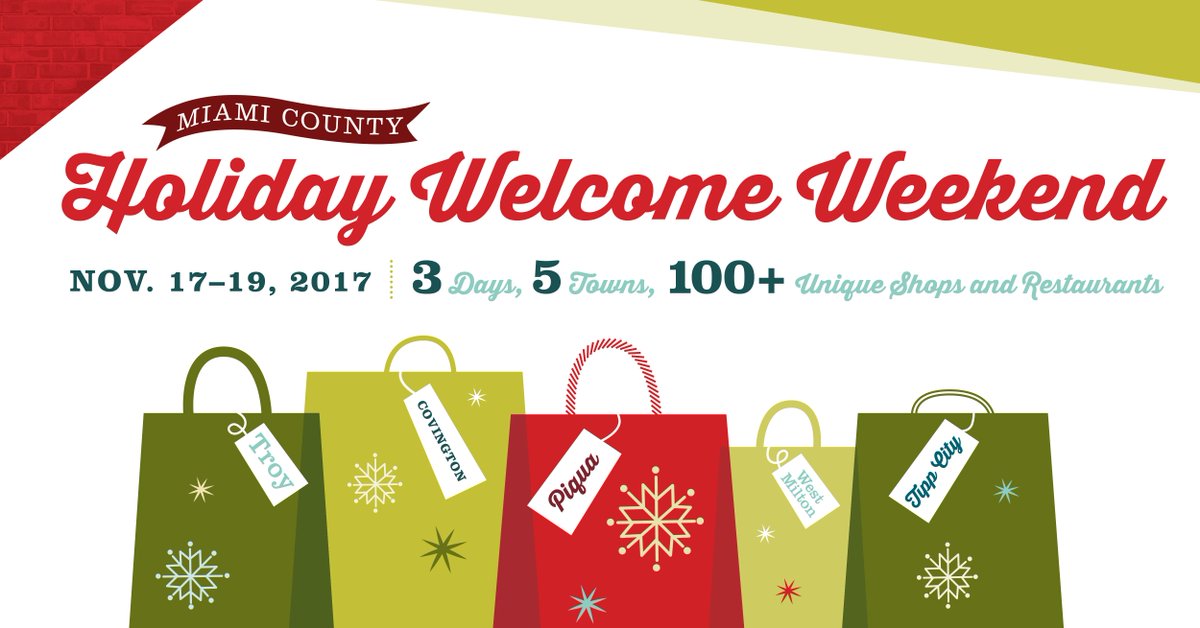 VisitMiamiCo's tweet photo. #HolidayWelcomeWeekend in Miami County Ohio! 3 Days, 5 Towns, 100+ Unique Shops & Restaurants. Nov 17β19, 2017. https://t.co/Ks9HL5pQMY https://t.co/qrMOWo0zMe