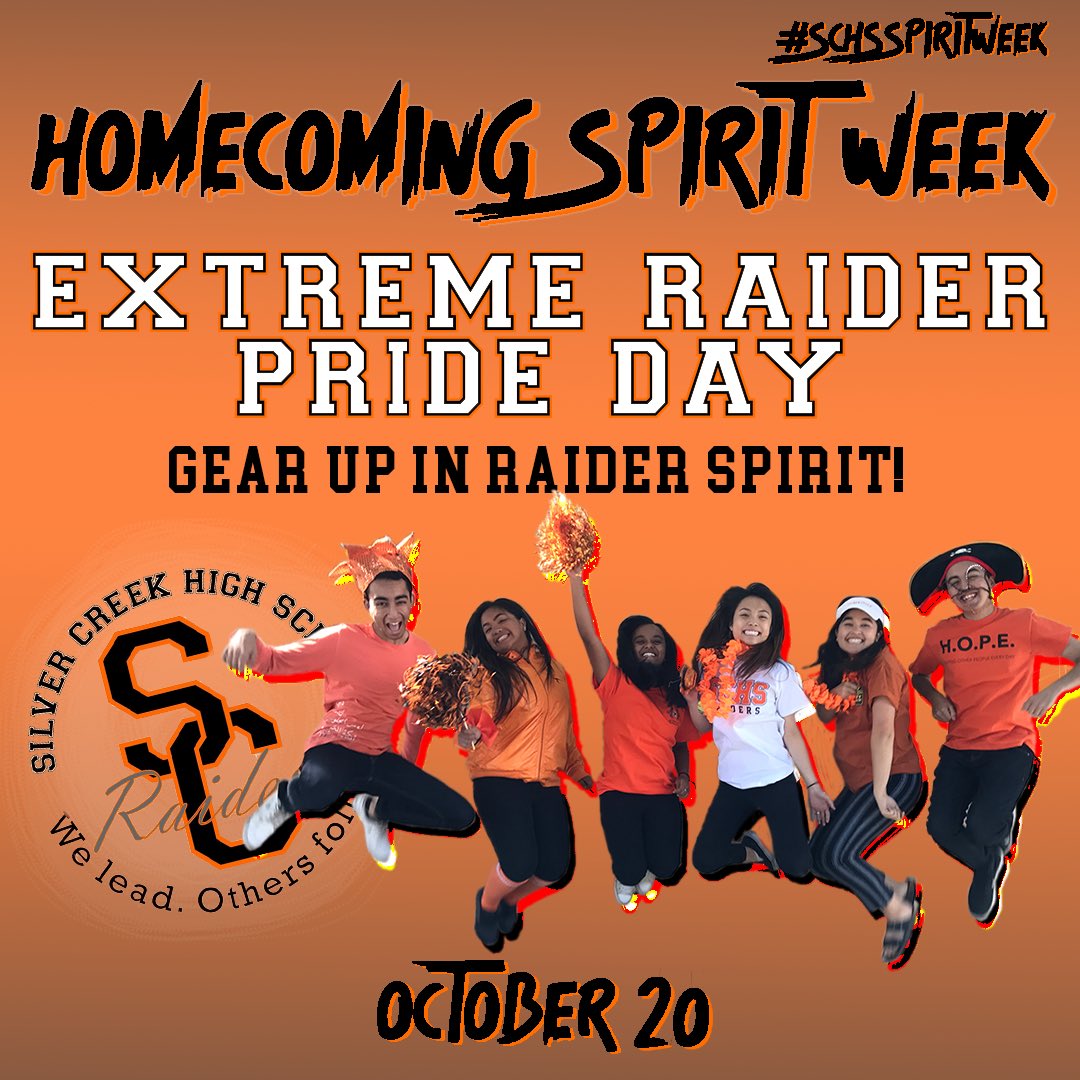 SCHSraiders's tweet photo. Let's end Homecoming Spirit Week with a bang. Show up in extreme Raider gear to show off your Raider pride on the outside! #schsspiritweek https://t.co/90NQ3FnqyH