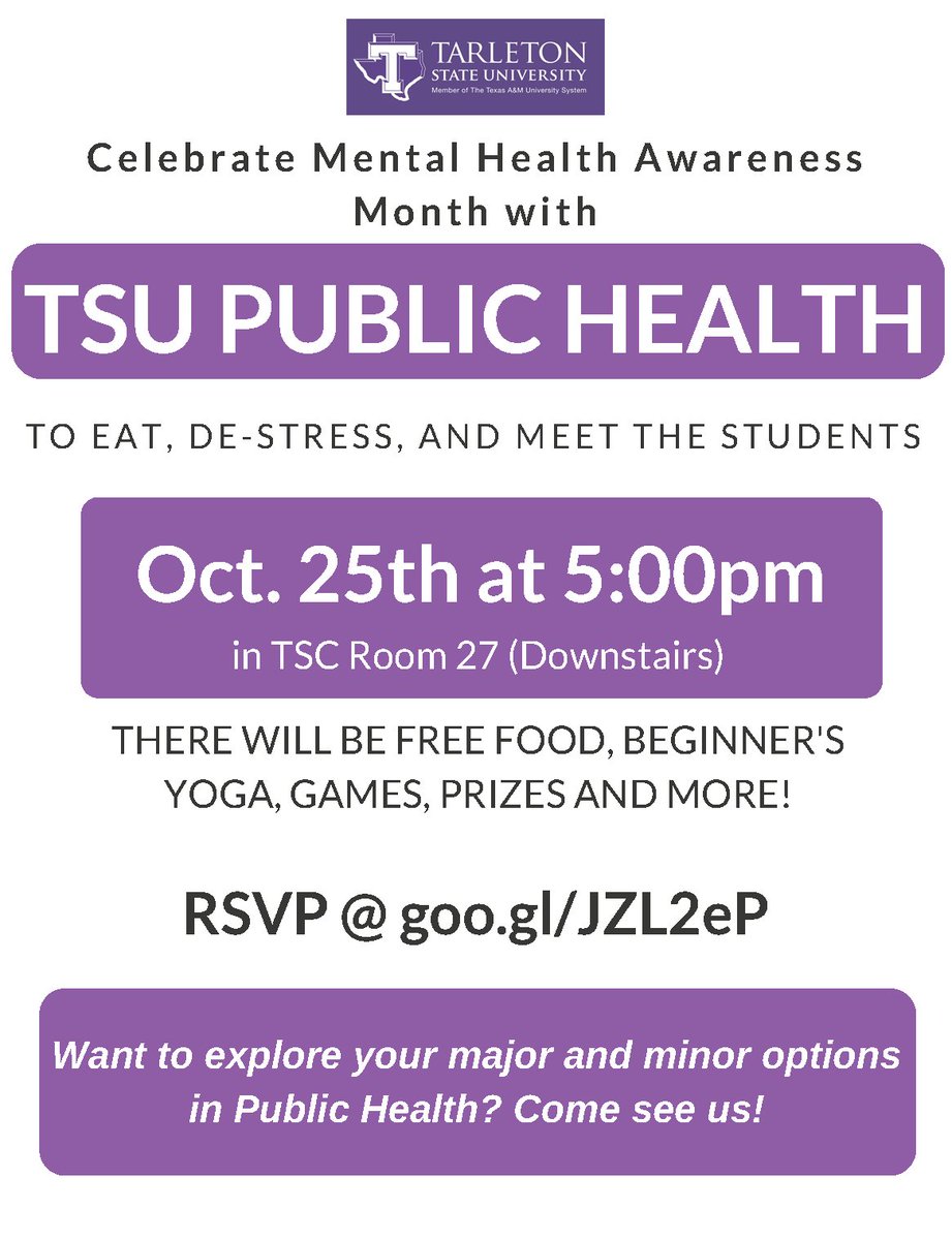 TarletonPH's tweet photo. 7 minutes ago
More
Public Health Social: Oct 25th: Free Food!!!  #TSUNursing #TarletonSGA #TarletonStudents  #Bleedpurple #TarletonWellness https://t.co/hsg0nGNhWn