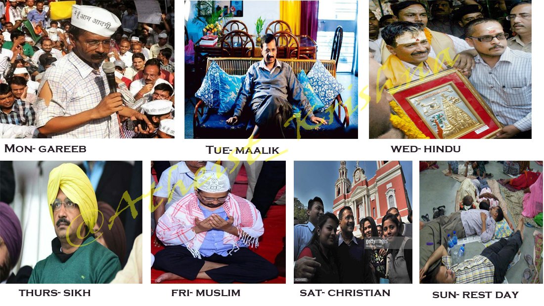 Atheist_Krishna's tweet photo. Weekly Routine Of Arvind Kejriwal:

Mon - Gareeb
Tue - Maalik
Wed - Hindu
Thurs - Sikh
Fri - Muslim
Sat - Christian
Sun - Rest Day https://t.co/PNyyy2v2eB