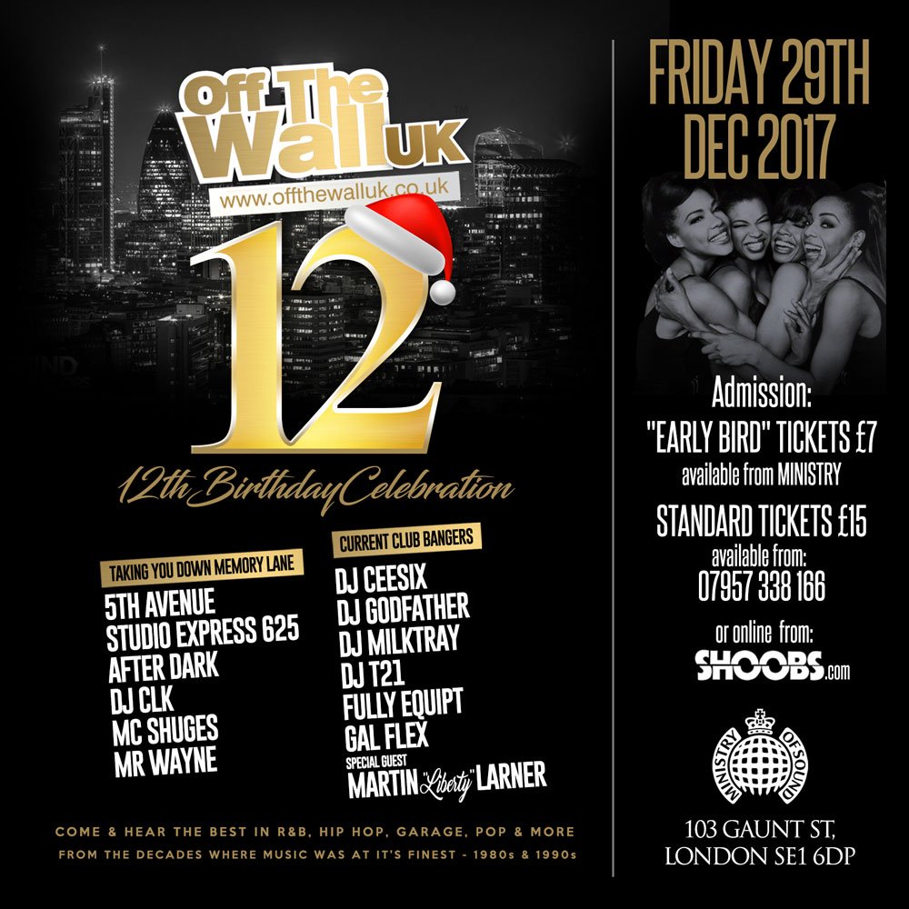 OffTheWallUK's tweet photo. Off The Wall UK is back for our 12th birthday @ministry_club . Classic R&amp;B, Old skool HipHop,Garage, Reggae all from 80s/90s.We 💖 old skool https://t.co/zyG8lITwPF
