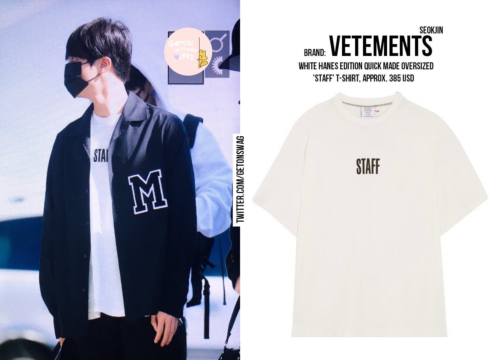Beyond The Style ✼ Alex ✼ on X: JIN #BTS 171023 airport #JIN #방탄소년단 #진 #석진  VETEMENTS x Hanes White Edition Quick Made Oversized 'Staff' T-Shirt   / X