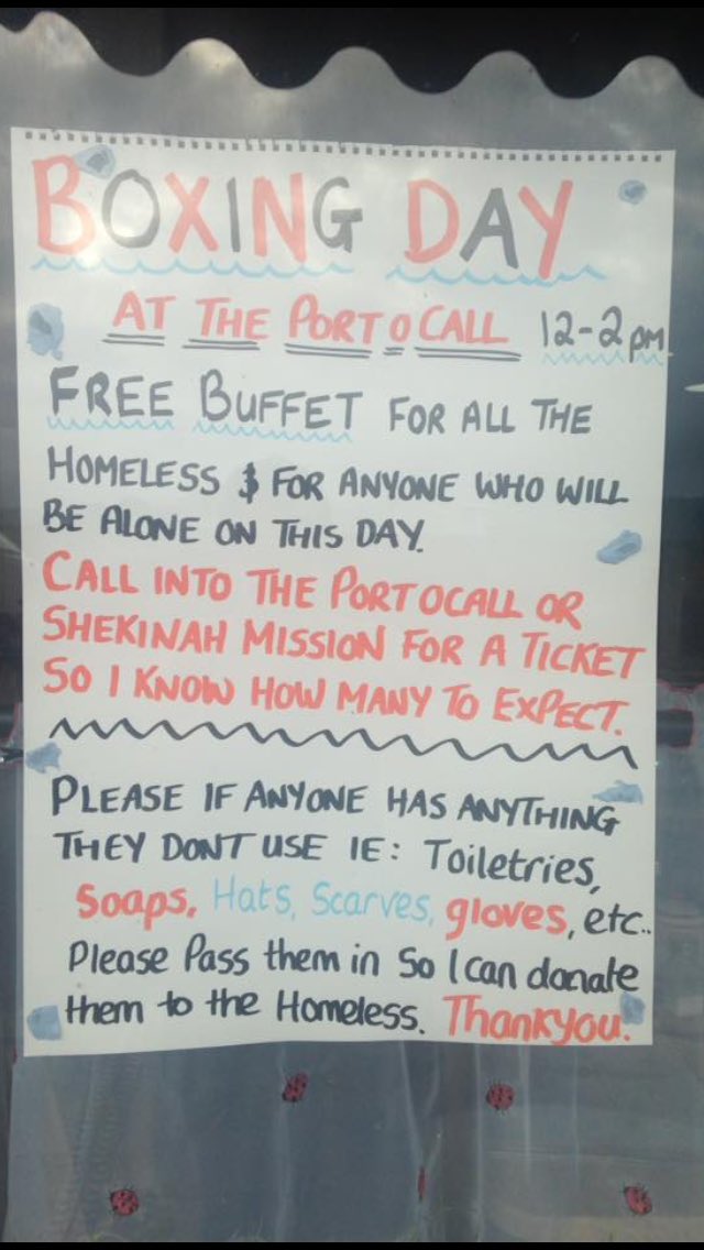 tj66spencer's tweet photo. Such a thoughtful kind thing to do #pleaseshare #sharetocare #PortOCall #ShekinahMisson #Plymouth #BoxingDay @livewellsw @GlenbourneUnit https://t.co/ADHx9kBqcz