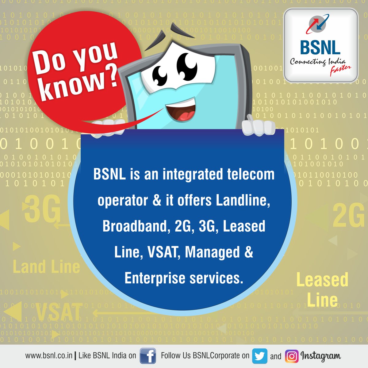BSNLCorporate's tweet photo. BSNL is an integrated telecom operator &amp; it offers Landline, Broadband, 2G, 3G, Leased line, VSAT, Managed &amp; Enterprise services. https://t.co/TloICXT7RI