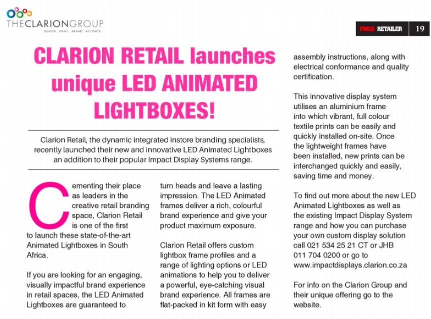ClarionGroupSA's tweet photo. Our LED Animated Lightboxes were featured in International FMCG Retailer this month!  #retail #innovation https://t.co/LXRdkGQXrt