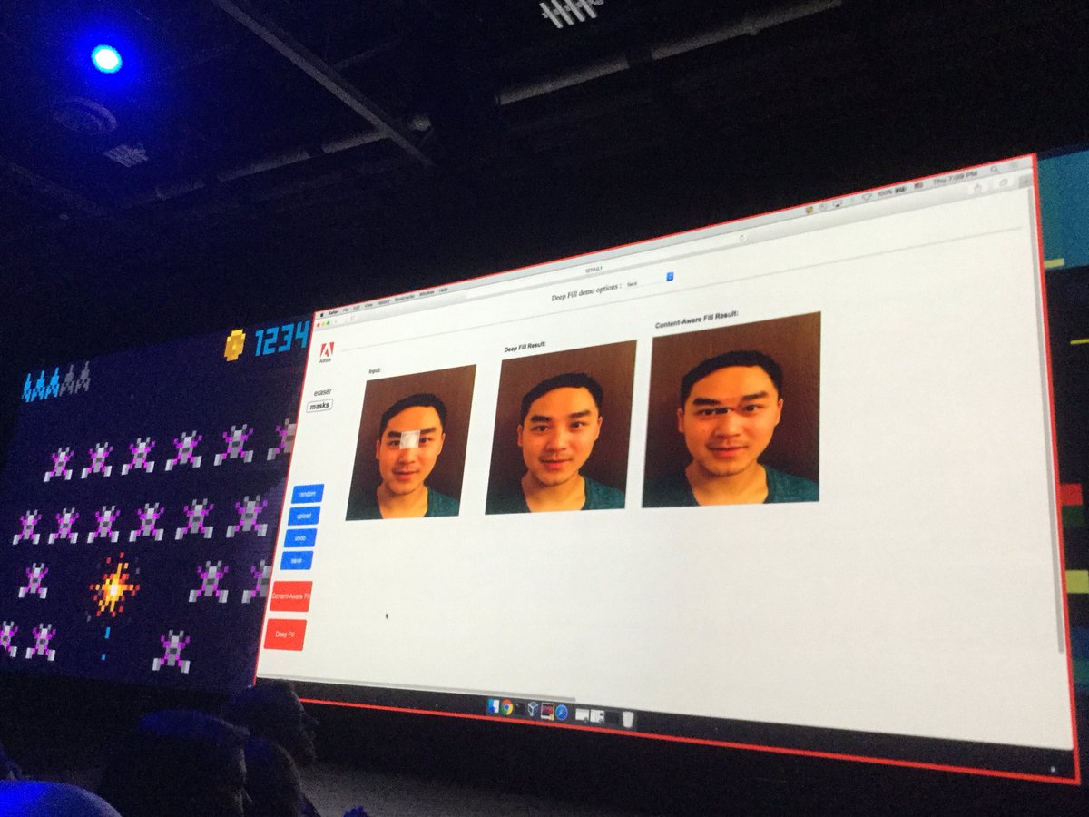 saintleger's tweet photo. #deepfill remplissage / remplacement de zones d’images avec un bonne dose de deep learning dedans...
#sneaks #AdobeMAX https://t.co/A8YdQQgyBH