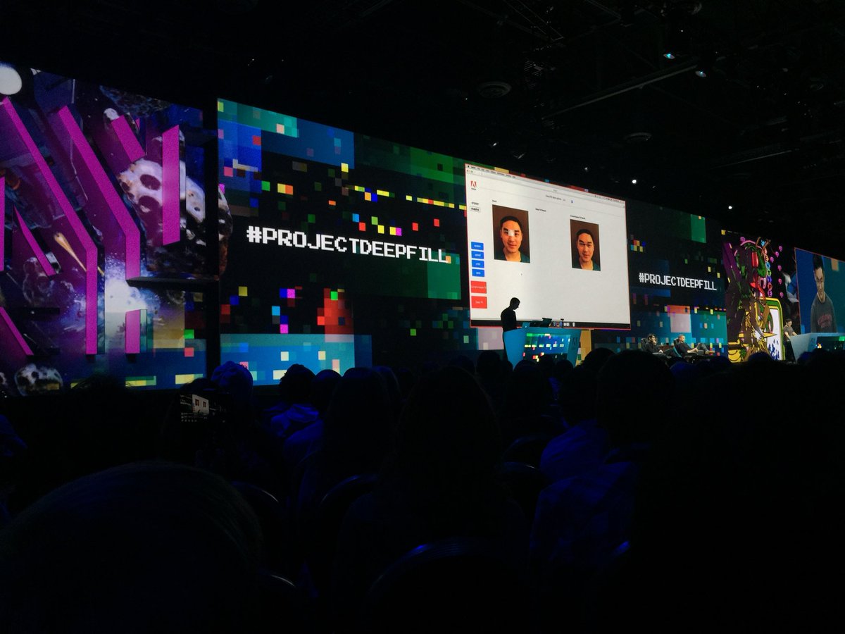 diane_erlich's tweet photo. #projectDeepFill. Content fill Pretty Amazing. Recognize and fill or remove areas and paint #AdobeMax2017 #Sneaks #Fantastic #AdobeSensei https://t.co/o0SBqdBfyB