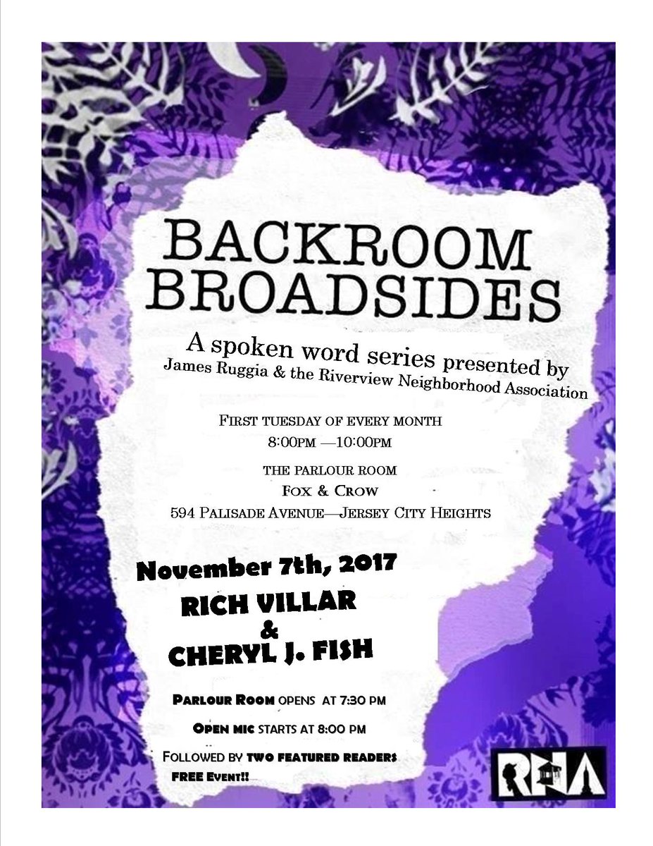 Backroom Broadsides Spoken Word Series Nov 7 reading <a href="/FoxandCrowJC/">Fox & Crow</a>  Rich Villar &amp; Cheryl J. Fish read in Jersey City Heights!