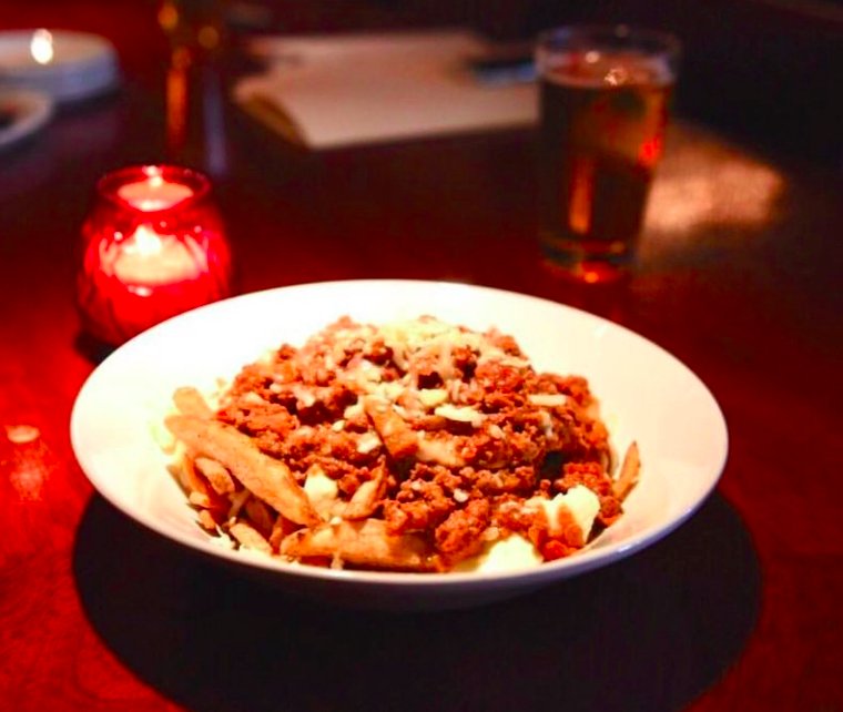 Three Meat Bolognese Poutine from <a href="/FiamoVictoria/">FiamoVictoria</a>  simmered bolognese with lamb, beef and pancetta, fior di latte #PoutineWeekYYJ