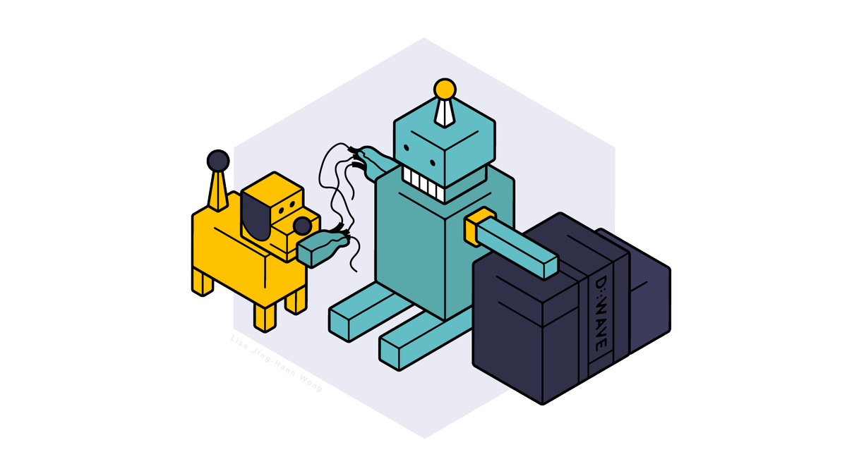 Shuping_Ruan's tweet photo. Vision for the future: self-improving robot empowered by quantum computer, with robot puppy. Cartoon credit to Lisa Wong @Crescy. https://t.co/FEnorVg5Mj