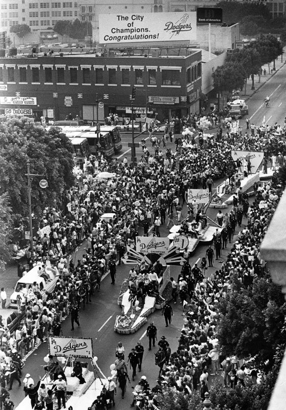 Los Angeles hailed its world champion Dodgers with a parade down Broadway. Fans packed the sidewalks as floats made their way up the street.