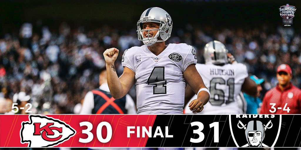 NFL Network on X: 'FINAL: @Raiders 31  @Chiefs 30 Oakland wins on the  FINAL play of the game!! #TNF #KCvsOAK  / X