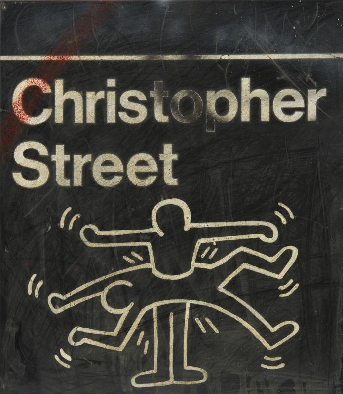 JuliensAuctions's tweet photo. SOLD for $25,000! Untitled (Circa 1983), white acrylic on steel, executed by #KeithHaring on a NYC subway sign. #StreetArt #80s #Auction https://t.co/4kQUHLVPDo