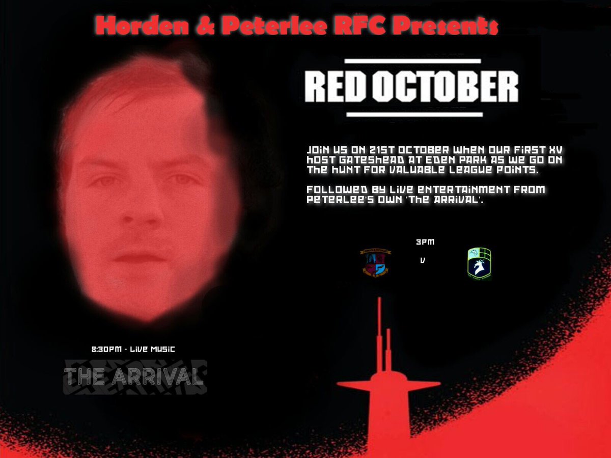 This Saturday - 21st October
Horden &amp; Peterlee v <a href="/gatesheadrfc/">Gateshead RFC</a> 3pm KO
Followed by live band 8pm