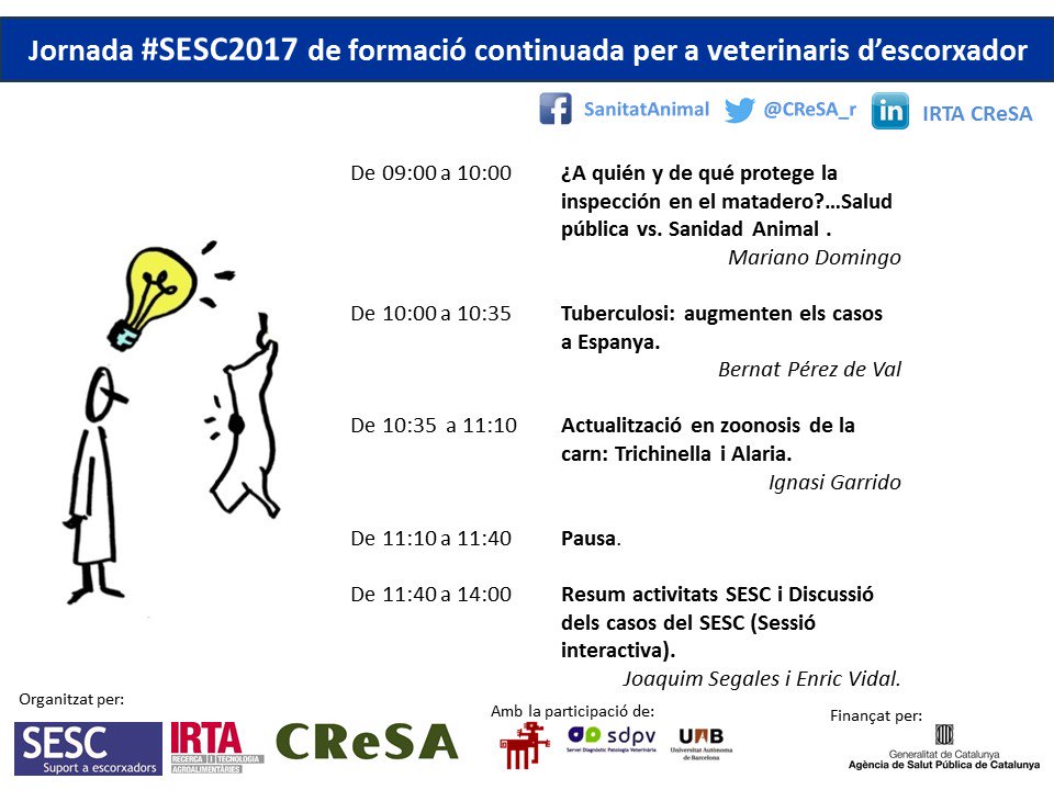 CReSA_r's tweet photo. Avui celebrem la Jornada #SESC2017 de formació continuada per a veterinaris d'Escorxador. https://t.co/7n2hkjJwKy
