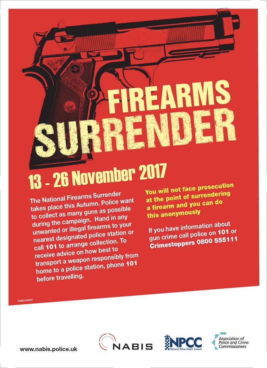 We are supporting the National Firearms Surrender, running from 13-26 November.

#GunsOffOurStreets <a href="/NABIS_UK/">NABIS</a> <a href="/PoliceChiefs/">National Police Chiefs' Council (NPCC)</a> @<a href="/AssocPCCs/">Association of Police and Crime Commissioners</a>