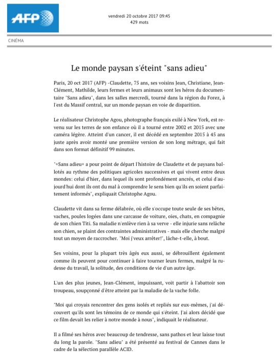 🗞️ ! PRESSE ! 🗞️
"(Christophe Agou) a filmé ses héros avec beaucoup de tendresse" #SansAdieu sur <a href="/afpfr/">Agence France-Presse</a> ! En salle mercredi prochain ! 😎