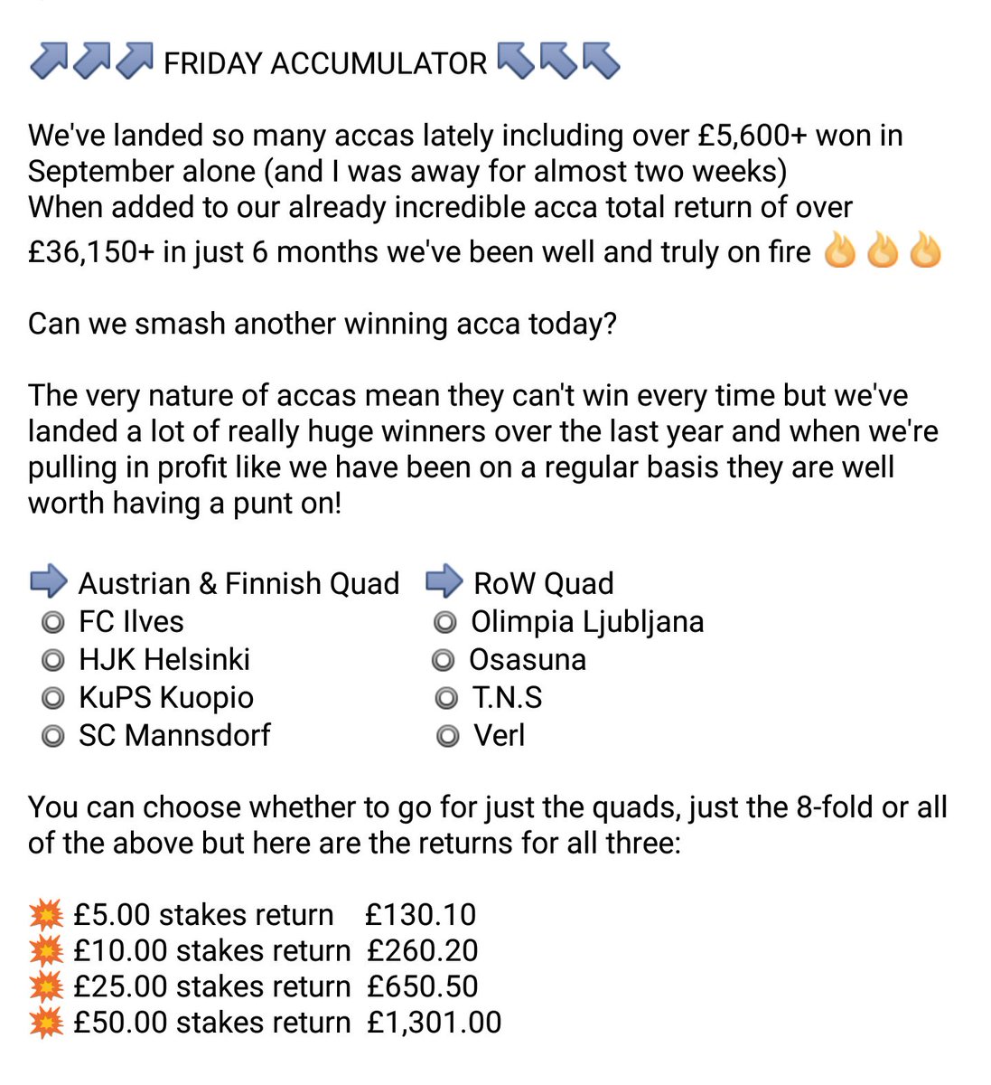 FFT_Tips's tweet image. 💣FRIDAY ACCA💣

📆6 MONTHS💥£36,150+ 

⬇Back it
💷bit.ly/FFT_NewBet
⬇Auto-Cashout
💷bit.ly/Bet365_CashOut

❤ &amp;amp; RETWEET if you're on!