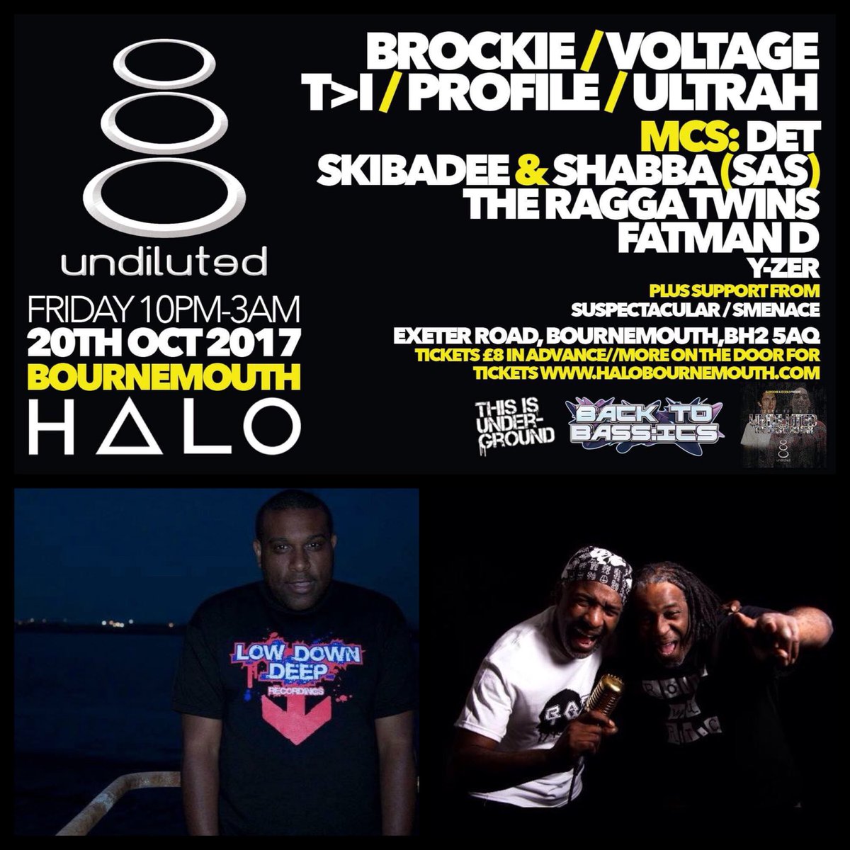 thisisundergrd's tweet photo. Tonight we host @UndilutedRecs at @halobournemouth catch @djprofile @TheRaggaTwins 2-3am #dnb #Bournemouth https://t.co/O3gOxOdtpN