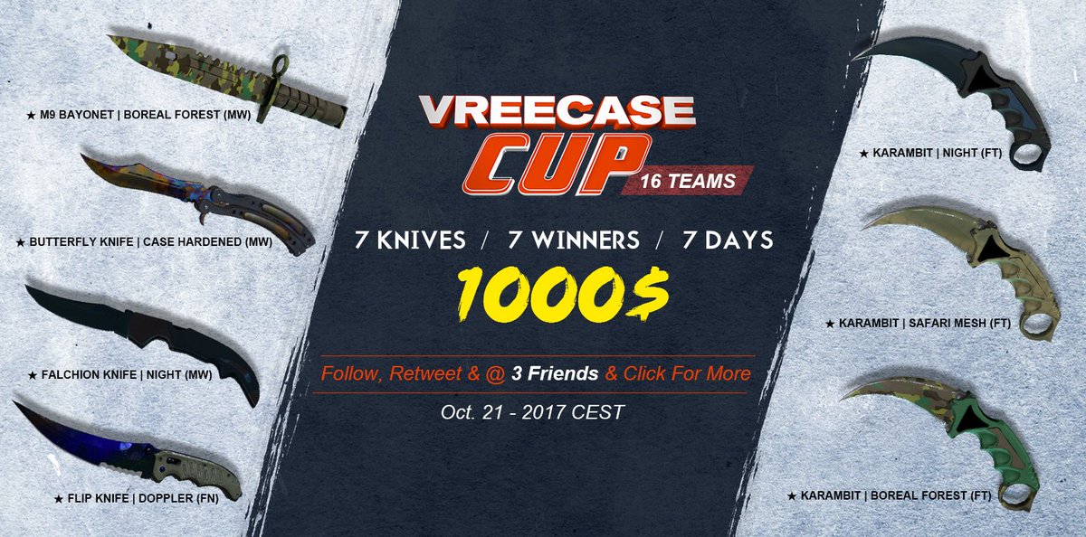 #VREECASE
#Vreecasecup2 opening ceremony, Oct.21 CEST!
7 knives/7 winners/7 days
➡️goo.gl/giu8Si
Details➡️goo.gl/GwgpjK