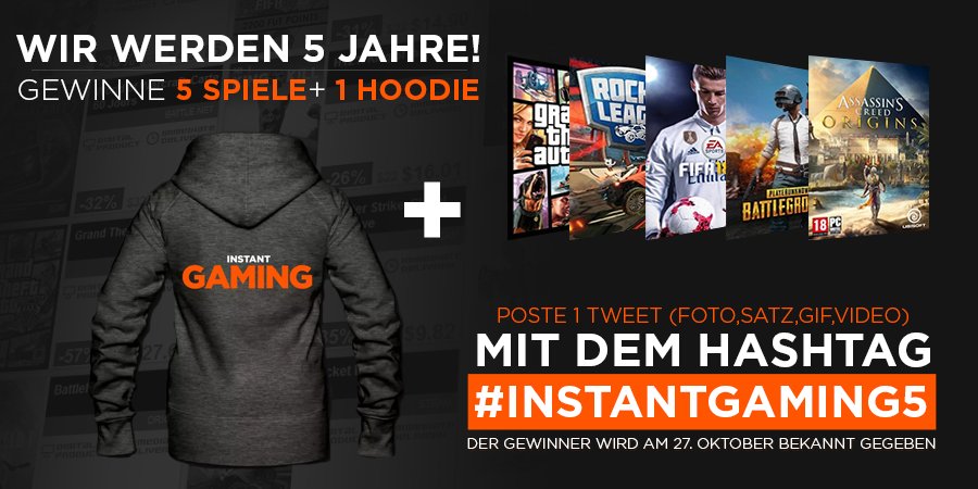 InstantGamingDE's tweet image. INSTANT GAMING WIRD 5 JAHRE! 🎉
Wir verlosen 5 Spiele und ein Sweatshirt
bis zum 27. Oktober 
#InstantGaming5