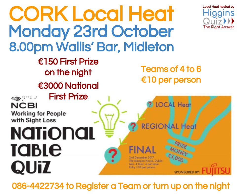 higginsquiz's tweet photo. @Youghal_Chamber Youghal NCBI shop needs your support.
Send a Team and spread the word
€150 1st prize on the night
€3000 National 1st prize https://t.co/L9UKVpJJSE