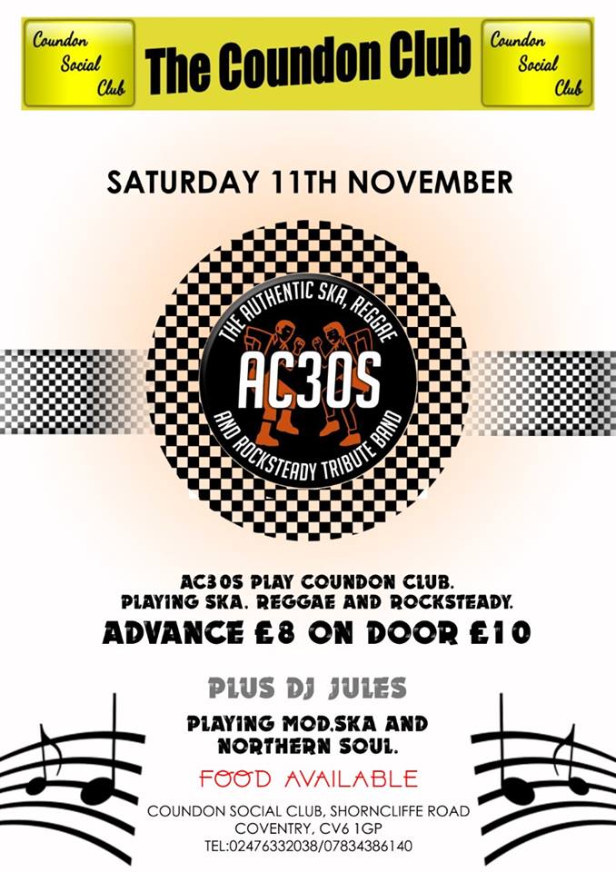 TheAC30s's tweet photo. Looking forward to this in Cov. #coundonclub #coventry #reggae #ska #rocksteady #AC30s #mod #northernsoul https://t.co/NxnqU6GeFK