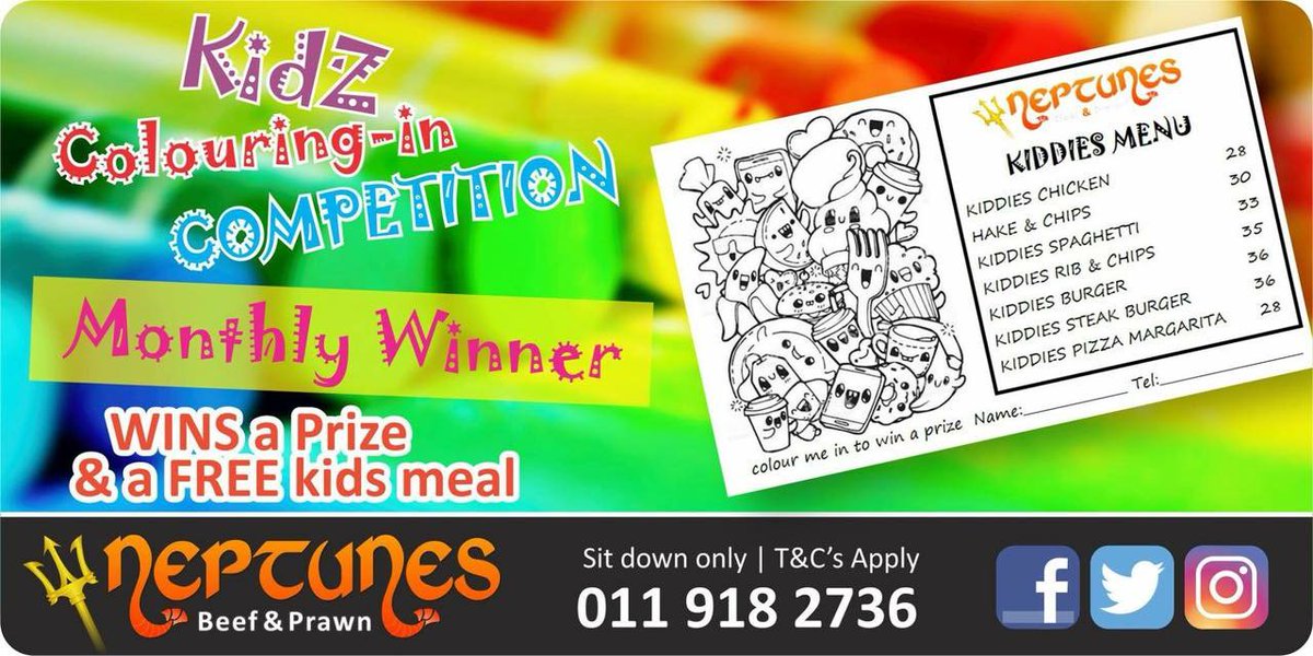 NeptunesSA's tweet photo. Kidz Colouring-in competition
Monthly Winner wins a prize &amp; FREE kids meal
#NeptunesBeefAndPrawn #WinAFeeKidsMeal #TantalizeNZ #cirobertson https://t.co/iV6SSUMQlg